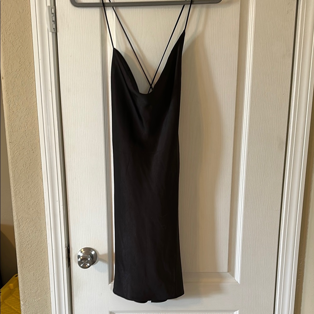Black satin cowl neck open back dress